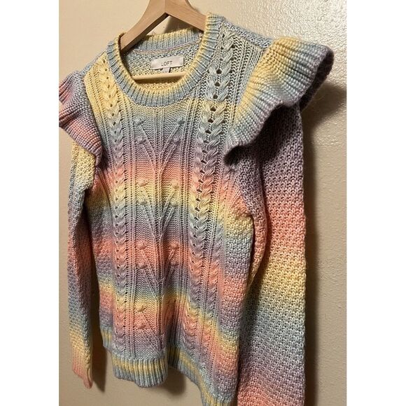 Ann Taylor Loft Rainbow Pastel Ruffle Shoulder Sweater Women's Size Medium Soft - Picture 6 of 10